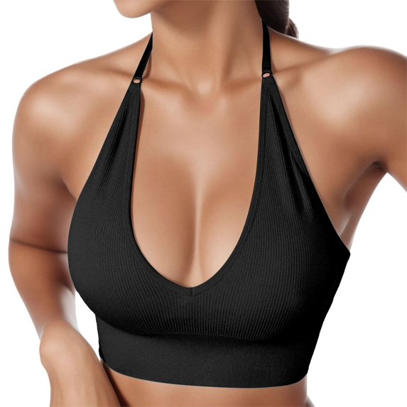 dgysar Halter Neck Wireless Bra, Deep V Plunge with Adjustable Tie, Supportive for Backless Tops & Evening Wear for Different Necklines & Fashion Experiments Black S