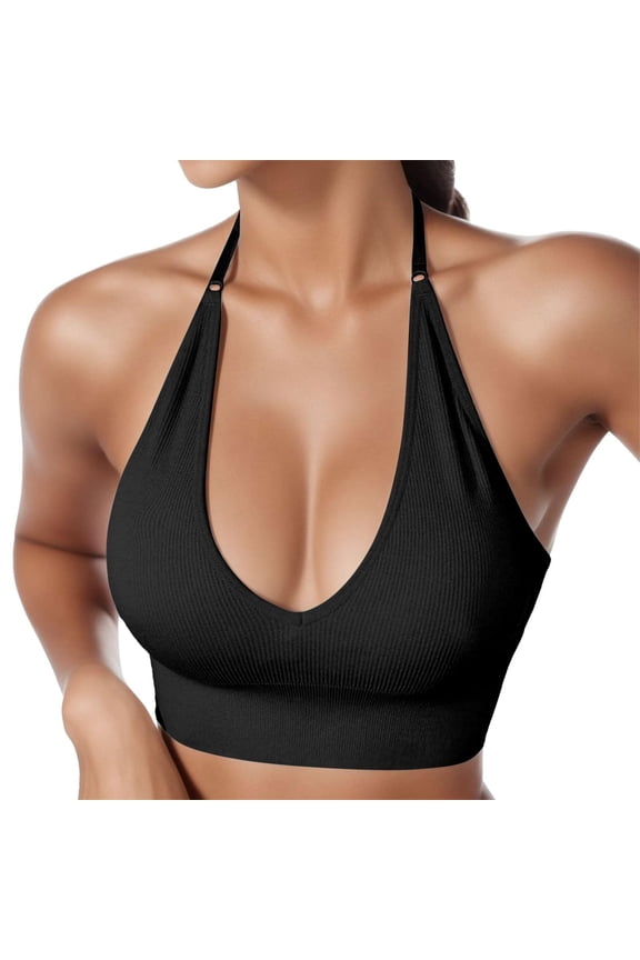 Halter Neck Wireless Bra, Deep V Plunge with Adjustable Tie, Supportive for Backless Tops & Evening Wear for Different Necklines & Fashion Experiments Black S