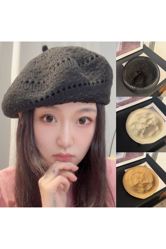 Hollow Beret 14in Ladies Weaving Painter Hat Breathable Knitted Artist Cap for Spring Autumn Outdoor Daily Casual Fashion Styling Black Approx 14 in