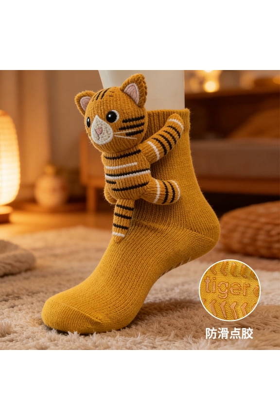 Hug Hug Socks Plush Fun Socks for Women, Soft Furry Knit Socks with Embroidered Cute Faces, Cozy & Humorous for Lounge, Gifting & Brightening Your Day. Orange 1Pair