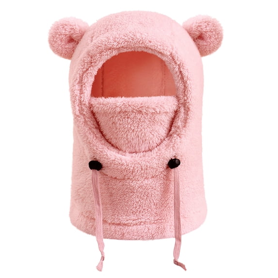 dgysar Kids All-in-One Fleece-Lined Balaclava with Bear ears, Windproof Face Mask Hood with Integrated Scarf, Full Head & Neck Coverage for Skiing, Snow Play, and Winter Sports. Pink