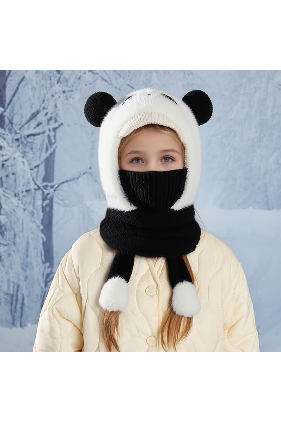 Kids Panda Bear Warm Headband, Fleece Lined All-in-One Face Mask Hood with Integrated Scarf, Warm Winter Snow Sports Gear for Skiing Sledding Play Black