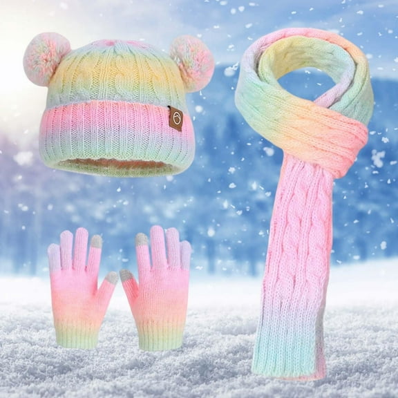 dgysar Kids Winter Beanie Hat Gloves Scarf Set 1-10 Old Girls Boys Mittens Knit Neck Warmer Warm Fleece lining Pink