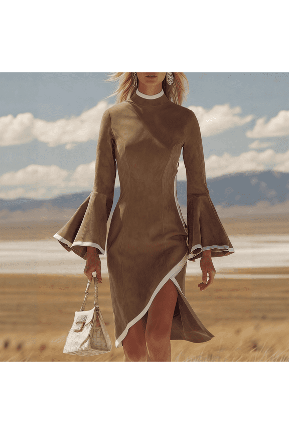 Long Sleeve Slit Dress, Mock Turtle Neck & Color Block Design, Fashionable Going Out Dress for Holiday Parties, NYE & Celebrations Khaki L