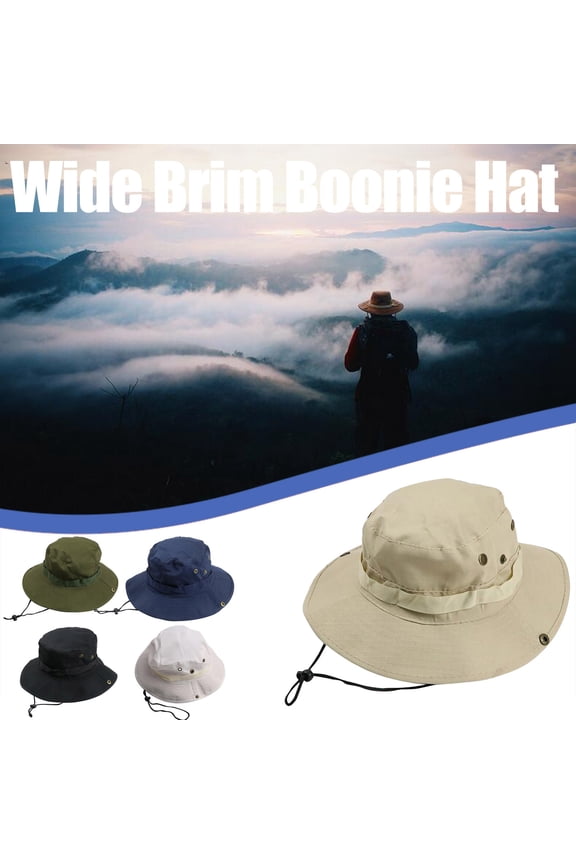 Men Outdoor Wide Brim Sun Protection Hat Breathable Mesh Hiking Fishing Hat with Chin Strap Adjustable One Size A