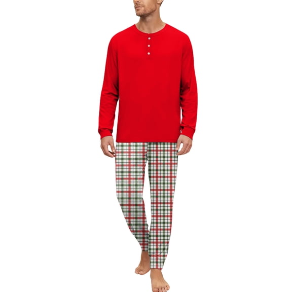 dgysar Men's Pajama Set, Henley Neck Solid Color Top & Plaid Pants, 3-Piece Soft Cotton Sleepwear for Lounging, Travel & Holiday Gift for Him. Green S