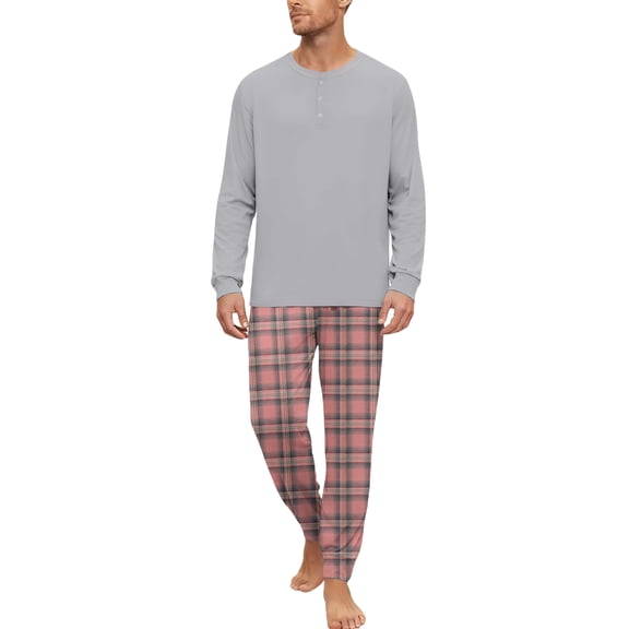 dgysar Men's Sleepwear Set, Long Sleeve Henley Shirt with Checkered Lounge Pants, Comfortable Pajamas for Men, Ideal for Christmas & Birthday Presents. Pink 3XL