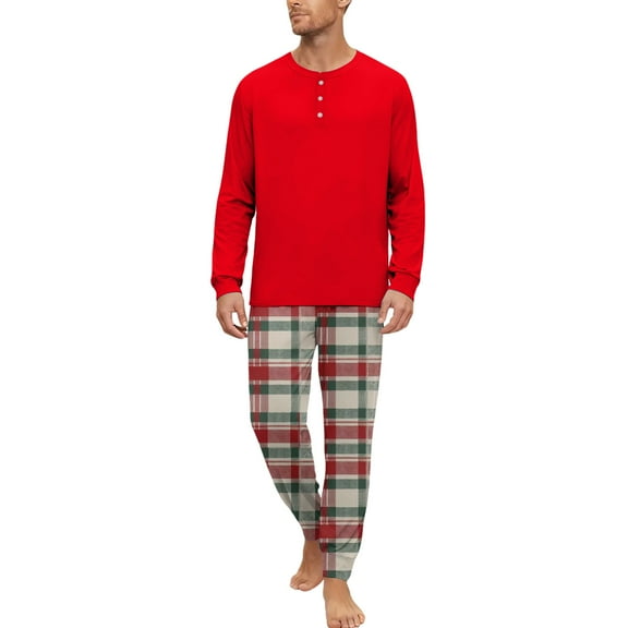 dgysar Men's Sleepwear Set, Long Sleeve Henley Shirt with Checkered Lounge Pants, Comfortable Pajamas for Men, Ideal for Christmas & Birthday Presents. Red 2XL