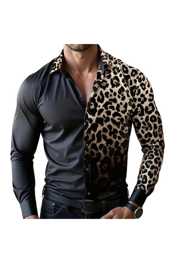 Mens Button Shirt, Nylon Four-Way Stretch Leopard Print Long Sleeve Single Breasted Lapel Elastic Tech Fabric Breathable Animal Pattern Tops Garment Piece, Khaki, M
