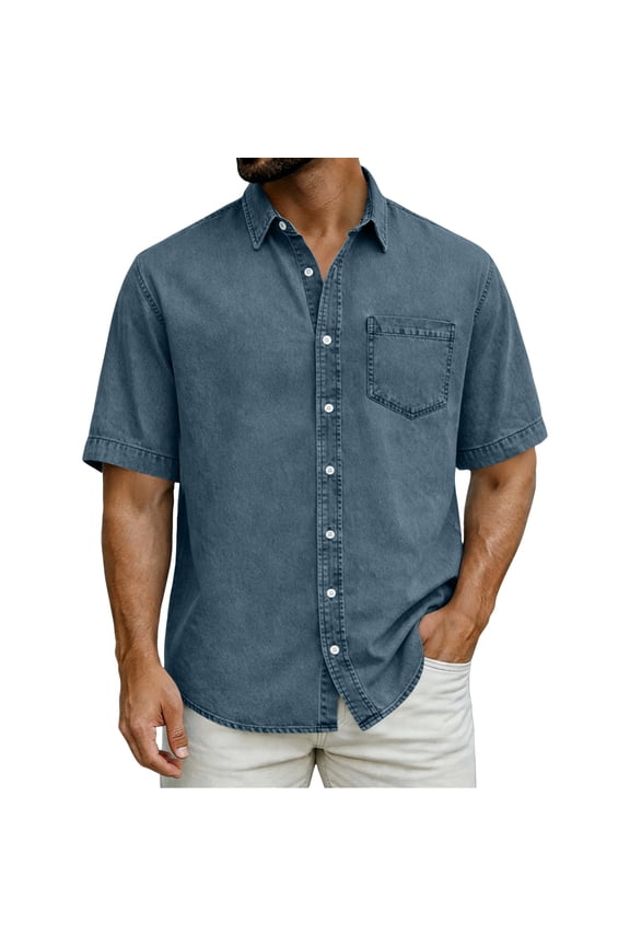 Mens Denim Short Sleeve, Solid Washed Indigo Fabric Single Breasted Button Front Lapel Collar Half Length Sleeve Loose Relaxed Cut Western Style Tops, Navy, M