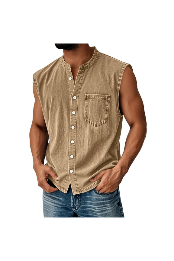 Mens Denim Vest, Button Down Front Distressed Washed Style Cotton Fabric Solid Heavyweight Regular Fit Vintage Rugged Texture Sleeveless Apparel Piece, Khaki, M