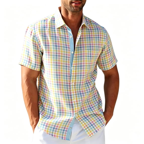 dgysar Mens Short Sleeve Shirts, Turndown Collar Button Down Relaxed Loose Fit Tops Casual Summer Polyester Plain Weave Breathable Lightweight Fabric Construction Yellow 2XL