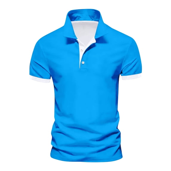 dgysar Mens Summer Polo Shirt, Color Block Contrast Design Lapel Collar Button Up Quarter Sleeve Loose Fit Polyester Synthetic Breathable Quick Dry Garment, Sky Blue, 2XL