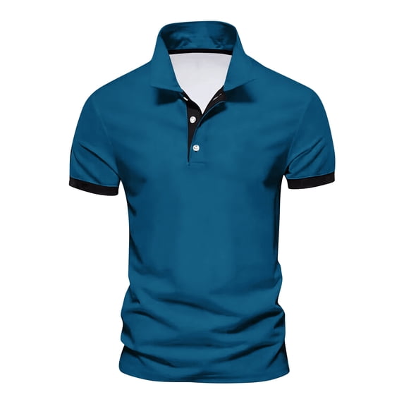 dgysar Mens Summer Polo Shirt, Color Block Contrast Design Lapel Collar Button Up Quarter Sleeve Loose Fit Polyester Synthetic Breathable Quick Dry Garment, Blue, 2XL