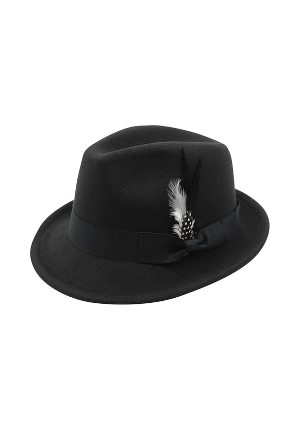 Mens Wool Fedora Hat with Feather, Small Brim Dress Hat for Wedding, Classic Teardrop Felt Derby Cap for Groomsmen