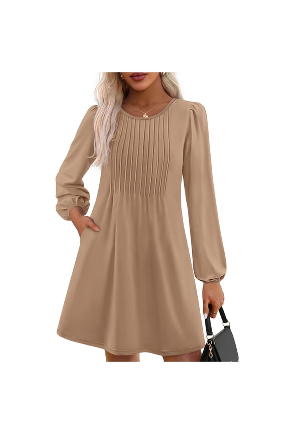Minimalist Midi Dress, Clean Line Long Sleeve Dress in Neutral Color, Perfect Canvas for Accessories, Transitional Weather & Capsule Wardrobe. Khaki L
