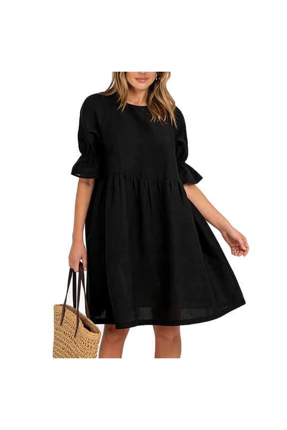 Raglan Sleeve Summer Dress, Comfortable T-Shirt Style Dress in Breathable Fabric, with Convenient Side Pockets for Essentials. Black S