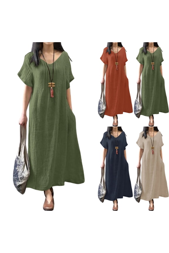 Relaxed Fit Linen Dress, Easy A-Line Dress with Pockets, Natural Fabric Dress for Travel, Garden & Boho Chic Style. Navy 5XL