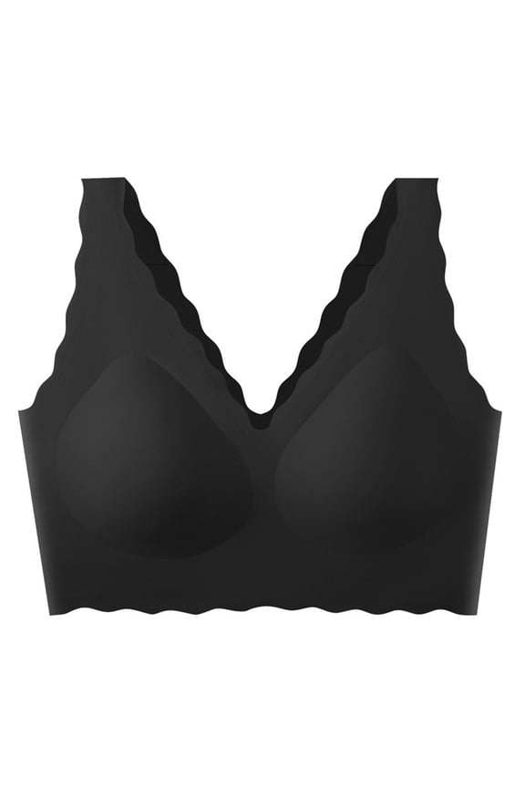 Seamless Ruffle Trim Bralette, Delicate Wave Design & Wirefree Comfort, Pretty Underwear for Everyday & Feeling Feminine Black M