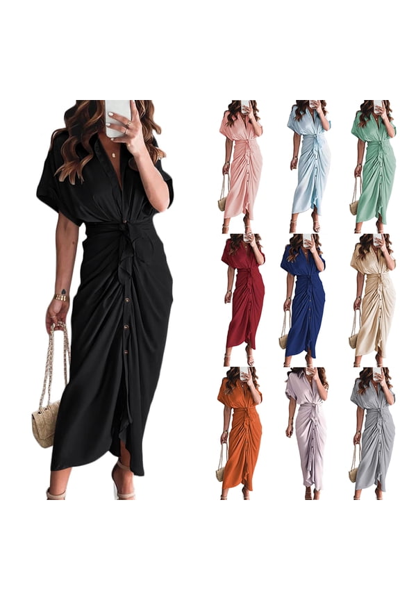 Smocked Waist Day Dress, Flowy Short Sleeve Midi, Flattering Dress for Work, Client Meetings & All-Day Comfort Sky Blue S