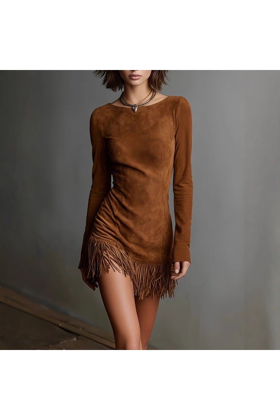 Solid Long Sleeve Shift Dress, Minimalist Design with Side Pockets, Work Appropriate, Weekend Wear & Easy Elegance Light Brown 2XL