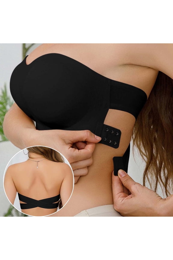 Strapless Bra for Women No Underwire Back Cross Push Up Bandeau Bra Crossover Side Closure Non-Slip Silicone Padded Bandeau Bras Wireless Tube Top Bra