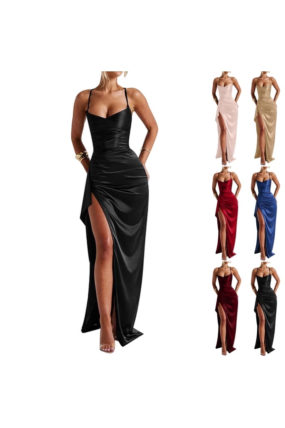 Strapless Party Dress with Slit Satin Evening Gown with Slit - Smocked Figure-Hugging Long Dress, Perfect for Wedding Guest, Banquet & Red Carpet Blue XS