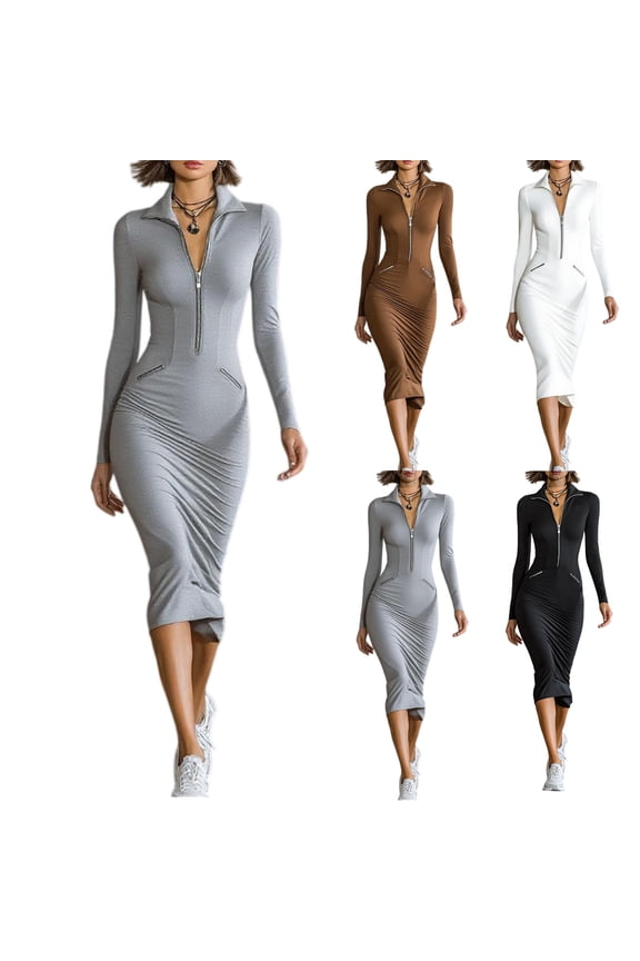 Tailored Zip-Up Bodycon Dress - Sophisticated Long Sleeve Dress with Defined Lapels, Perfect for Work & Interviews White S