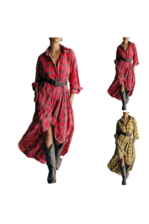Tartan Print Dress - Classic Button-Front Dress with Collar, Great for Layering or Wearing as a Standalone Statement Piece Red 2XL