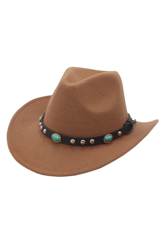 Unisex Western Cowboy Hat, Wool Felt Fedora with Rivets, Curved Brim Jazz Cap for Men Women, Winter Fall Bohemian Style Hat