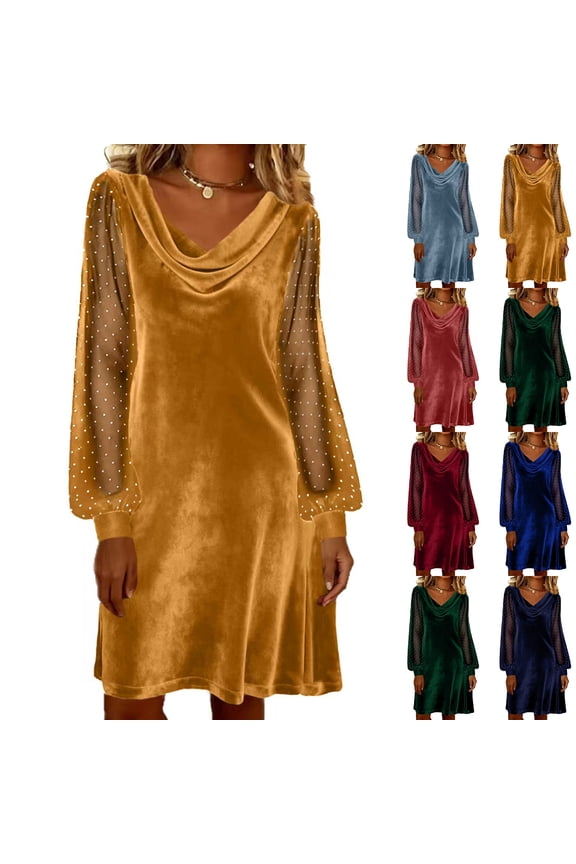 Velvet Dress Evening Dress, Deep V-Neck Sheer Mesh Long Sleeve Dress with Lining, Sexy & Alluring for Clubs, Parties & Romantic Nights. Sky Blue XL