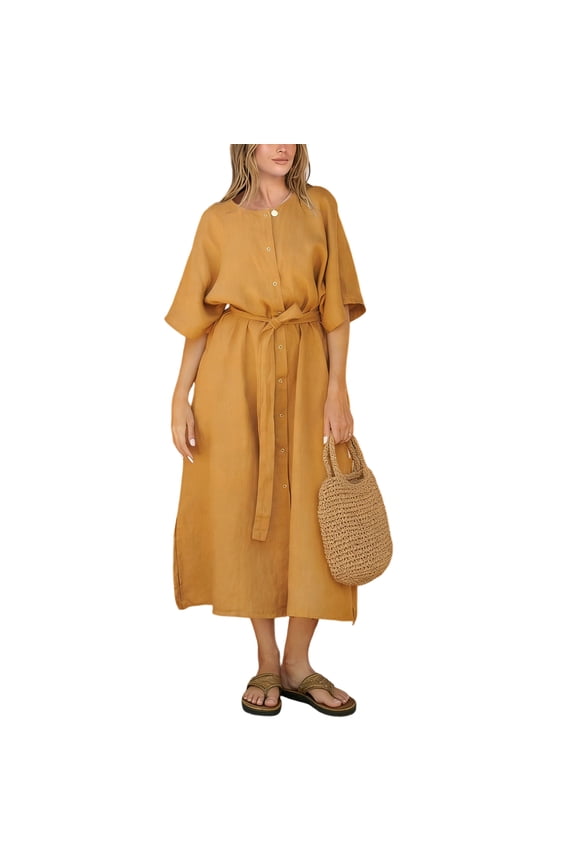 Version 1: Women‘s Linen Blend Dress, Short Sleeve Solid Color Shift Dress, Breathable Summer Day Dress for Vacation, Market & Casual Outings Orange S