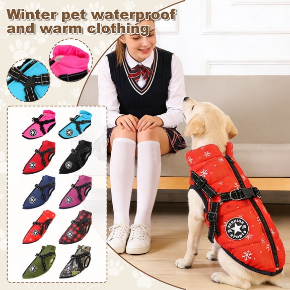 dgysar Warm Dog Coat Waterproof Small Dog Jacket with Harness,Reflective Fleece Snowsuit for Dogs,Windproof Puppy Coats with Legs for Cold Weather,Adjustable Pet Clothes for Puppies Deep Red XL