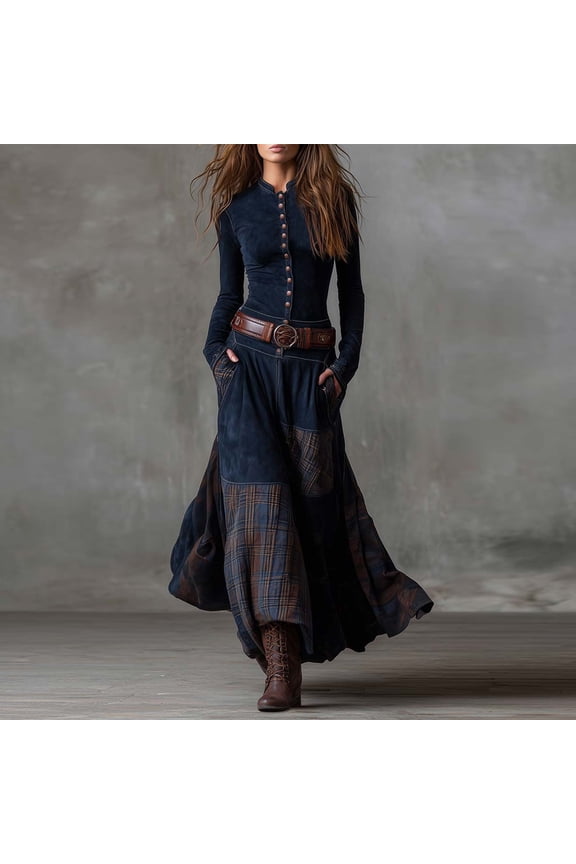 Western Denim Gown, Patchwork & Contrast Details, Eye-Catching Dress for Photoshoots, Theme Parties & Fashion Forward Individuals Blue M