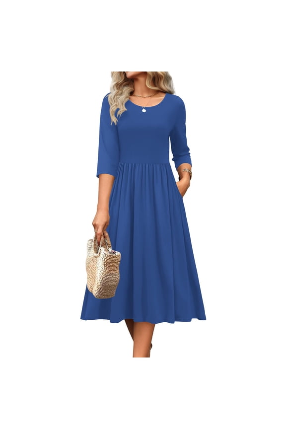 Women‘s 3/4 Sleeve Shirt Dress, Belted Waist Casual Midi Dress, Perfect Transitional Dress for Spring & Fall, Office & Smart Casual. Blue M