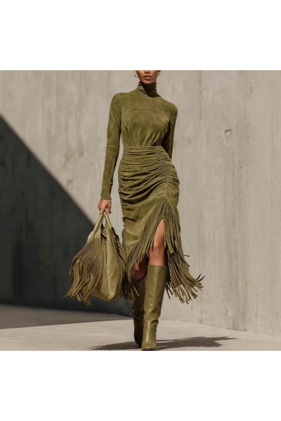 Women's Asymmetrical Fringe Dress - Elegant Solid Color Dress with Modern, Irregular Hemline Fringe, Unique & Night Out Army Green XL
