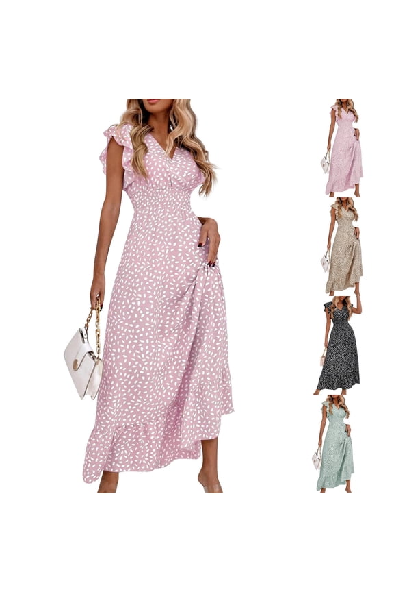 Women's Casual Sexy V-Neck Ruffle High Waist Slim Fit Long Maxi Dress With Short Sleeves Run Small Size Up Summer Essential Wardrobe Staple Classic Trendy Black S