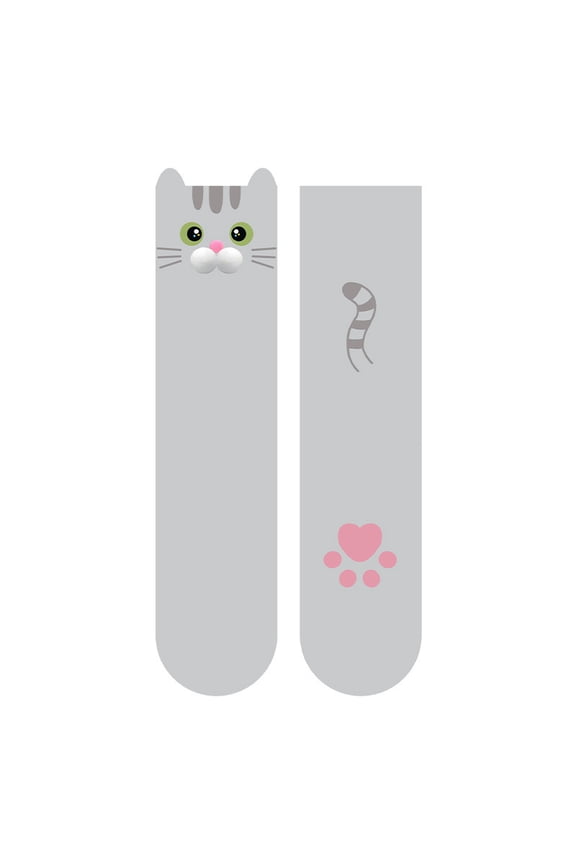 Women‘s Cat Socks with 3D Pom Poms, Cute Animal Crew Socks with Embroidered Faces, Novelty Gift for Cat Lovers & Best Friends Gray 1Pair