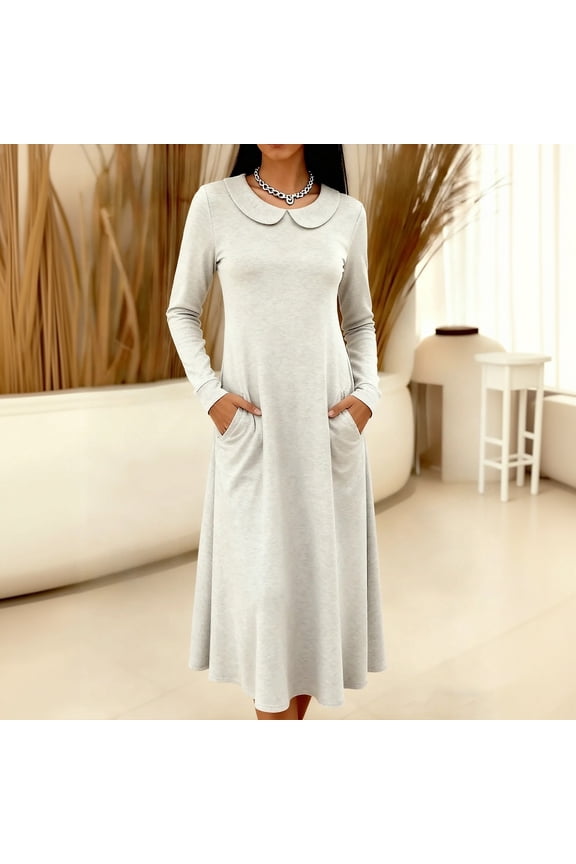 Women's Collared Shirt Dress - Fitted Midi or Maxi Dress with Pointed Collar & Pockets, Smart Casual Style Khaki M