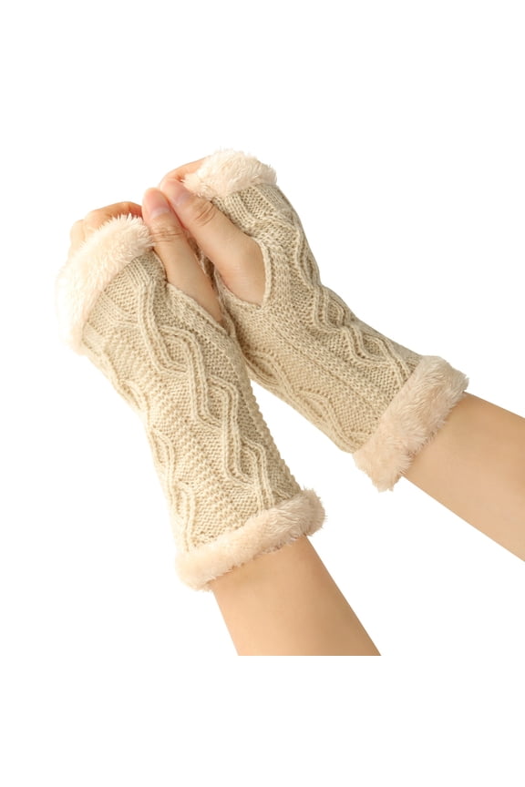 Women's Diamond Pattern Fingerless Gloves, Short Cuff Knit Wrist Warmers, Stylish for Fall Fashion and Light Chilly Days Beige