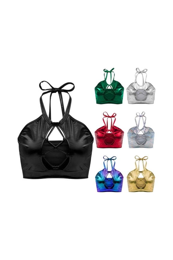 Women's Elegant Slim Fit Cutout Leather Camisole, Edgy Patent Finish Top Black size M