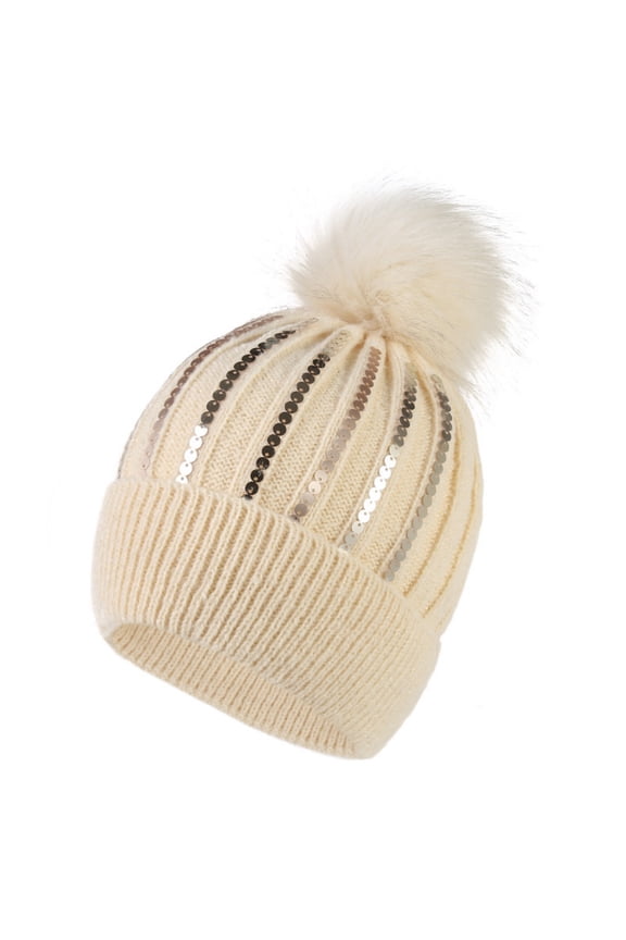 Women's Glitter Pom-pom Beanie, Sparkly Sequined Knit Cap for Festive Look, Party Holiday Night Out Cold Weather Fashion Accessory. Beige