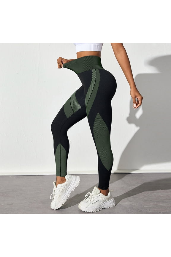 Women's High Waist Color Block Yoga Pants, Tummy Control & Cheek Enhancement, Striped Compression Leggings, Butt Lifting for Gym or Running. Green XL