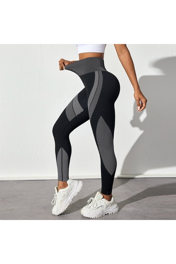 Women's High Waist Color Block Yoga Pants, Tummy Control & Cheek Enhancement, Striped Compression Leggings, Butt Lifting for Gym or Running. White XL