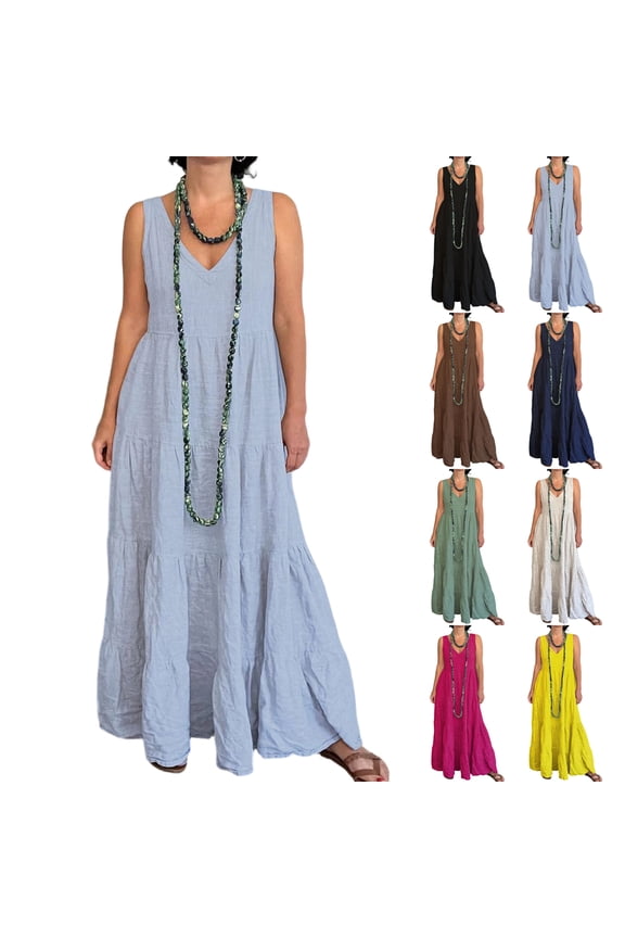 Women‘s Linen Blend Dress, V-Neck Sleeveless Shift Dress, Breathable & Wrinkle-Resistant for Summer, Travel,Beach & Warm Weather. Dark Blue 2XL