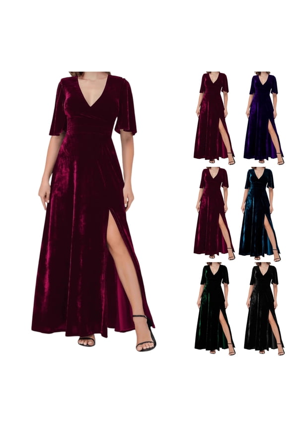 Women‘s Long Slit Maxi Dress, Elegant Solid Color, Perfect Dress for Photoshoots, Vineyard Wedding & Making an Entrance Blue XL