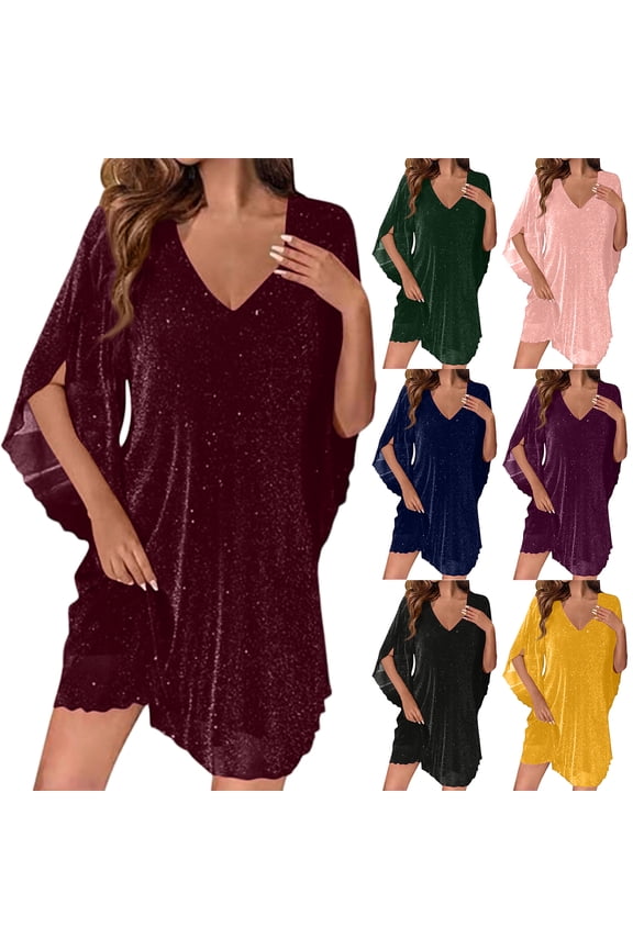 Women‘s Metallic Foil Print Dress, V-Neck 3/4 Sleeve Party Dress, Elegant Cocktail Dress for Holiday Parties, NYE & Festive Celebrations Black M