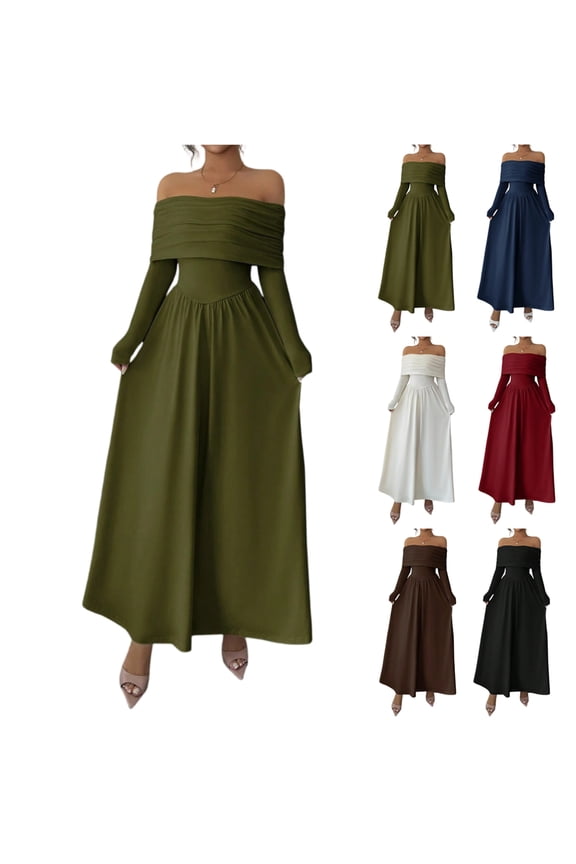 Womenâs Off-the-Shoulder Maxi Dress, Long Sleeve Bodycon Gown with Belt, Elegant French Style Evening Dress for Wedding, Gala & Formal. White M