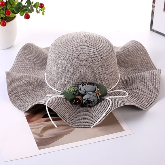 dgysar Women's One Size Bow Flower Sun Hat Straw Woven Beach Basin Cap for Outdoor Social Events and Summer Seaside Vacation Gray