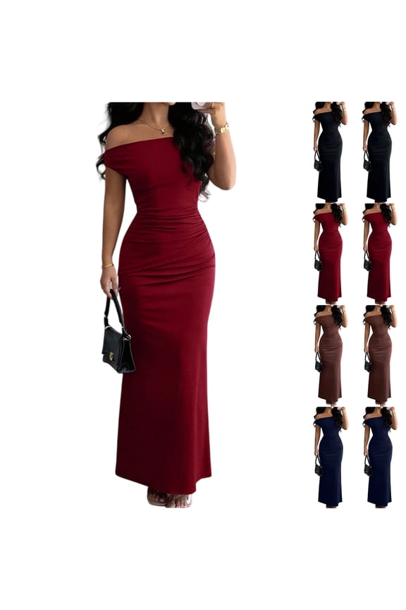 Women's Party Dress - Off Shoulder Bodycon Gown in Solid Color, Perfect for Cocktail Party, Formal Dinner & Evening Wear Navy S